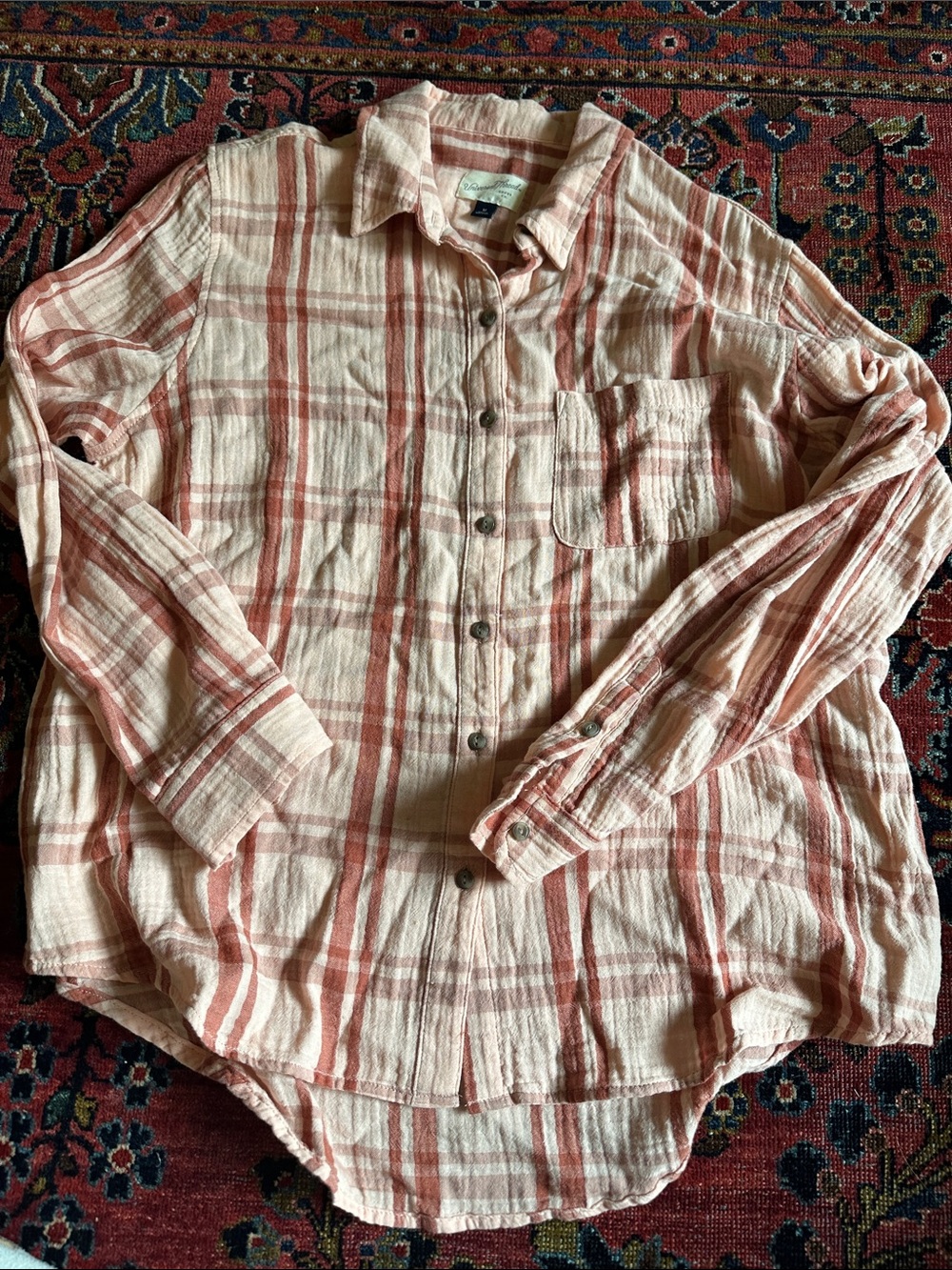 Universal Thread Peach and Cream Plaid Button-Down Shirt